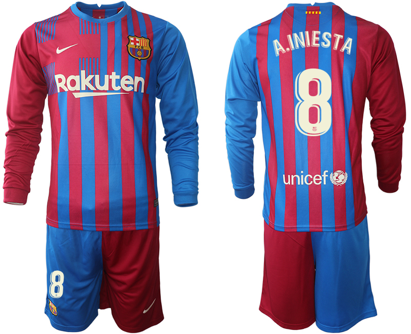Men 2021-2022 Club Barcelona home red blue Long Sleeve #8 Nike Soccer Jerseys